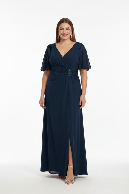 vestido de fiesta largo con manga azul marino