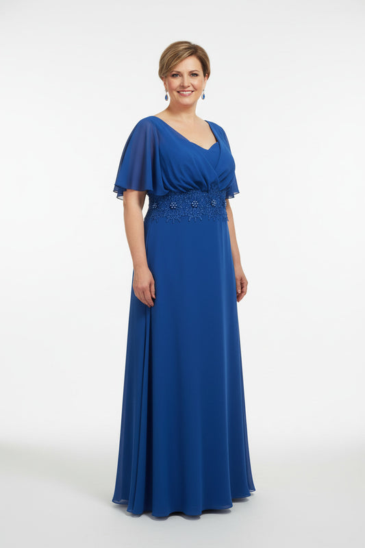 vestido fiesta largo talla grande con encaje en la cintura azul