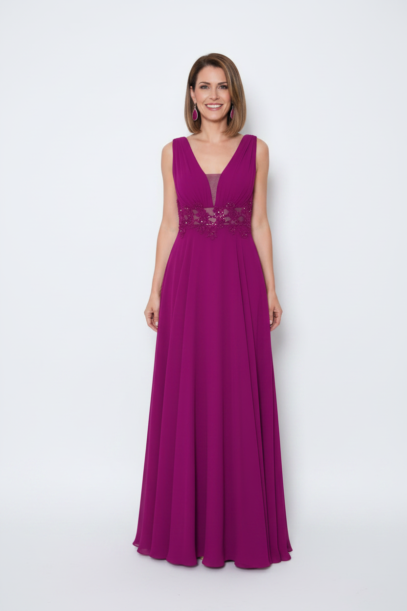 vestido de fiesta largo para boda con encaje ne la cintura magenta