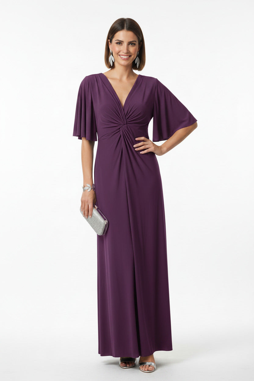 vestido de fiesta largo de licra con manga corta morado