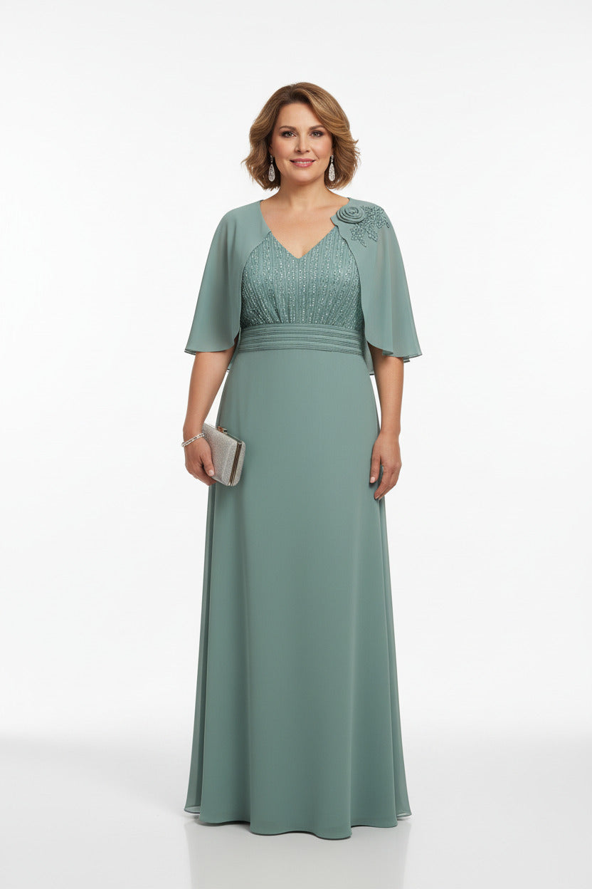 Vestido de invitada a boda Talla Grande con Lentejuelas color verde salvia 