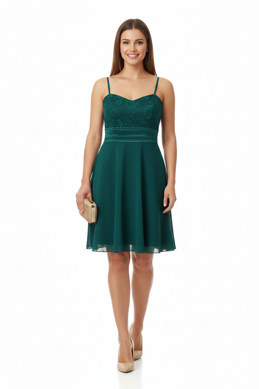 vestido de fiesta corto palabra de honor con encaje verde