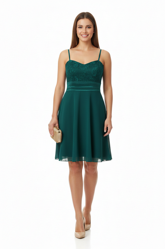 vestido de fiesta corto palabra de honor con encaje verde