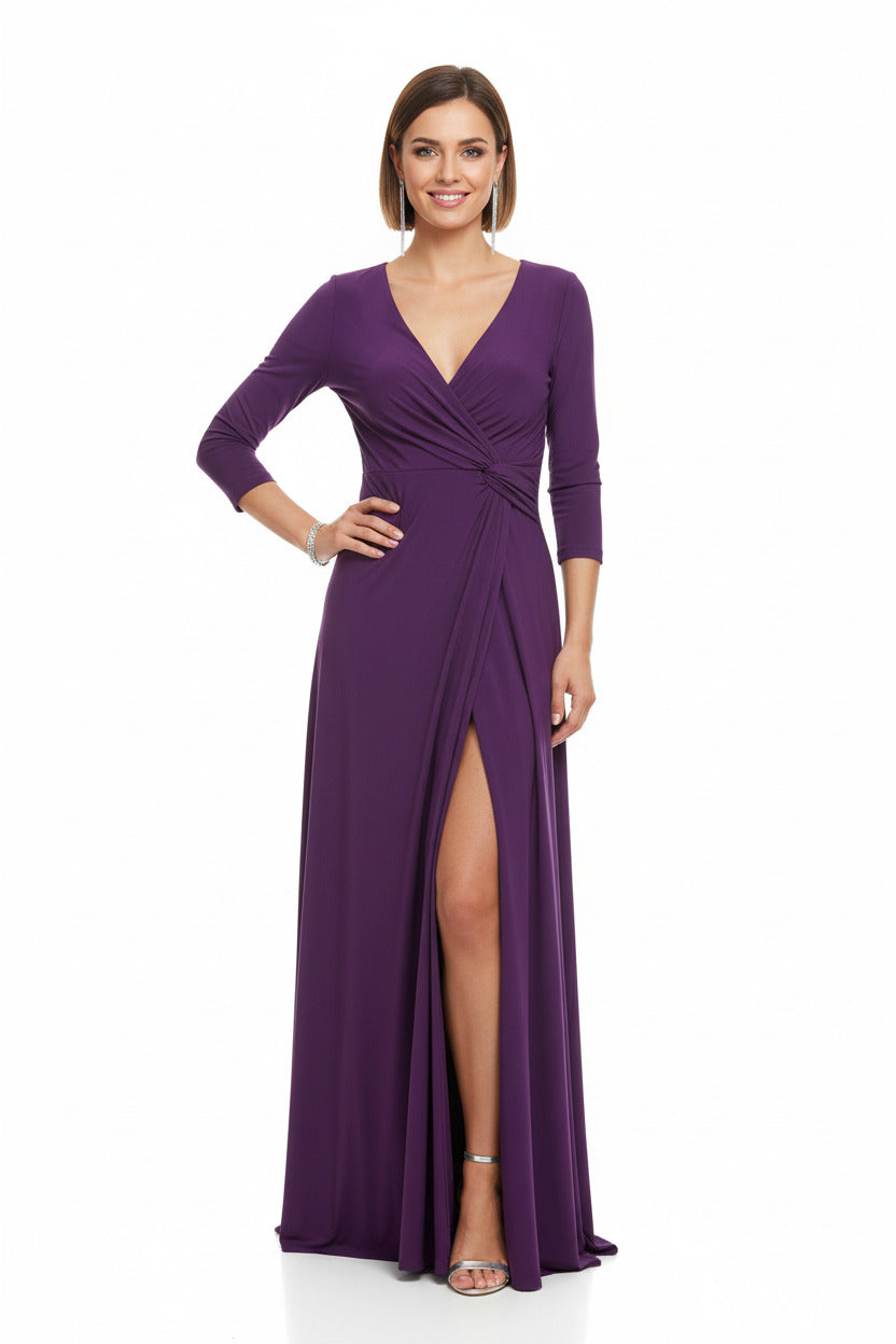 vestido de fiesta largo de licra con manga francesa morado