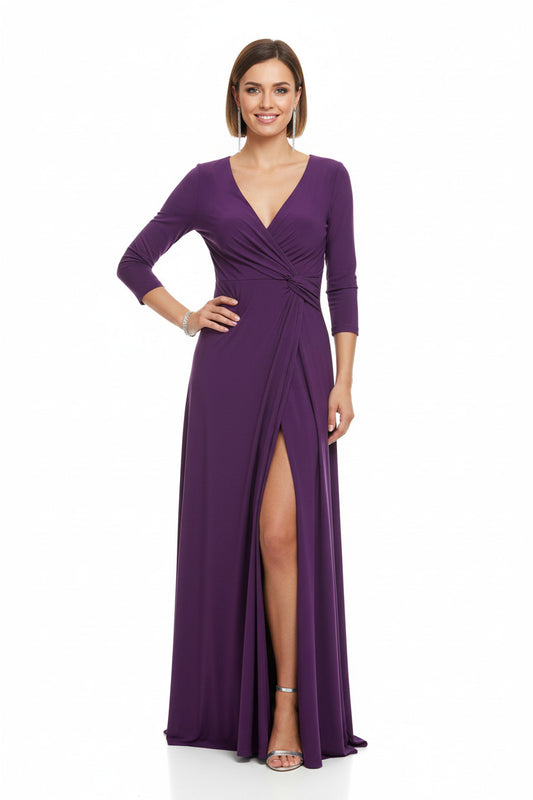 vestido de fiesta largo de licra con manga francesa morado