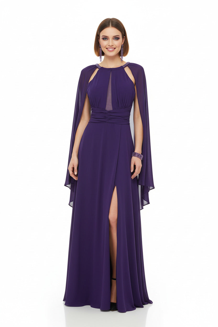 vestido de fiesta largo morado con capa