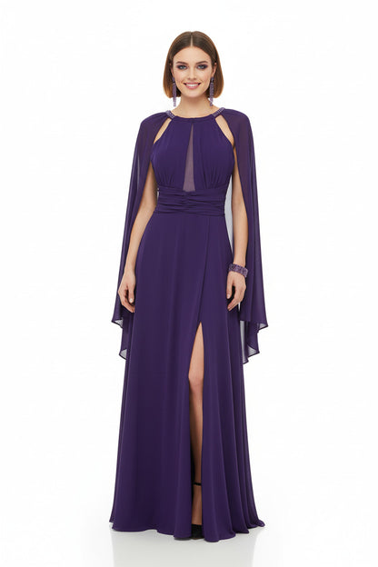vestido de fiesta largo morado con capa
