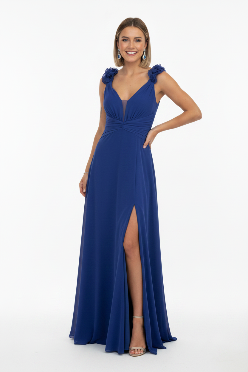 Vestido de fiesta largo azul royal escote V con volantes