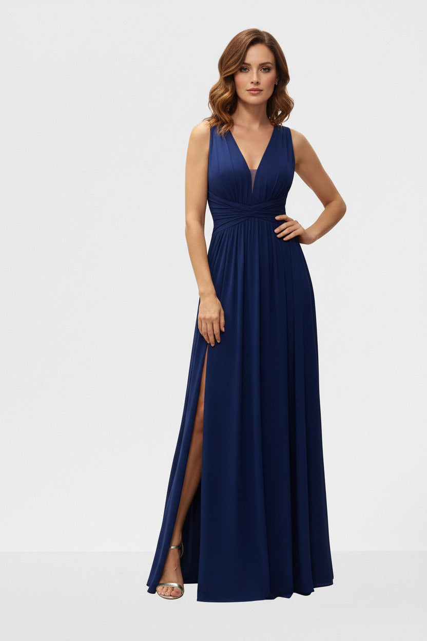 Vestido de Fiesta Largo Sidney - Escote Pico y Abertura Lateral Azul 95% poliéster 5%elastan