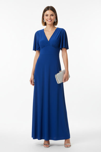 Vestido de Fiesta Largo azul con Manga Corta y Escote Pico de licra