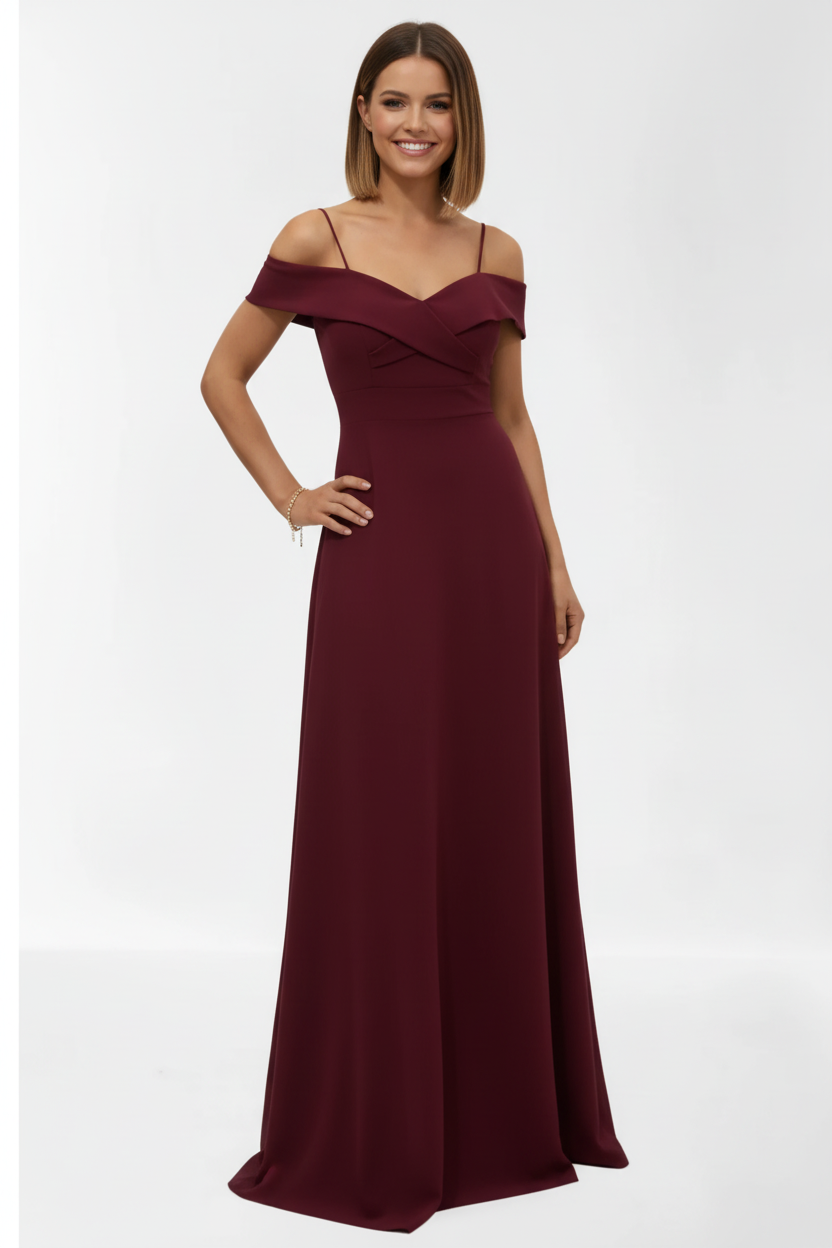 vestido de fiesta largo escote barco burdeos