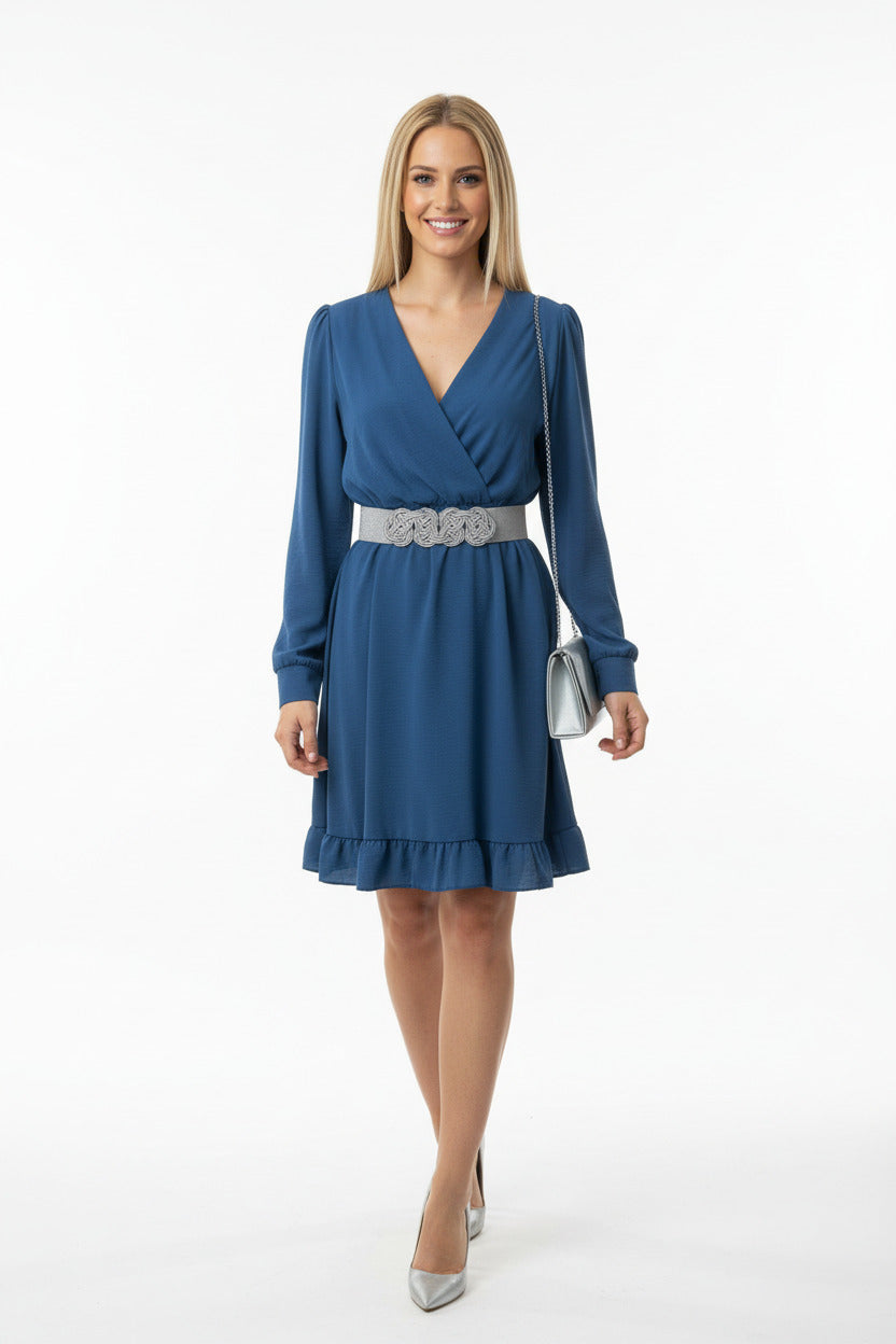 Vestido de Fiesta Corto Villes-Manga Larga y Falda con Volante Azul U (36 38 40)