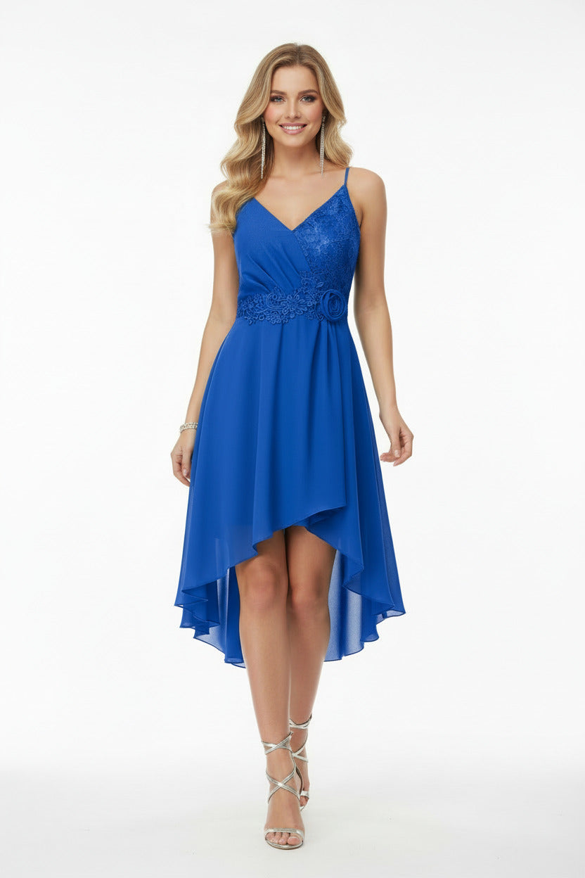 Vestido de Fiesta Corto Turín con Falda de Vuelo y cola azul