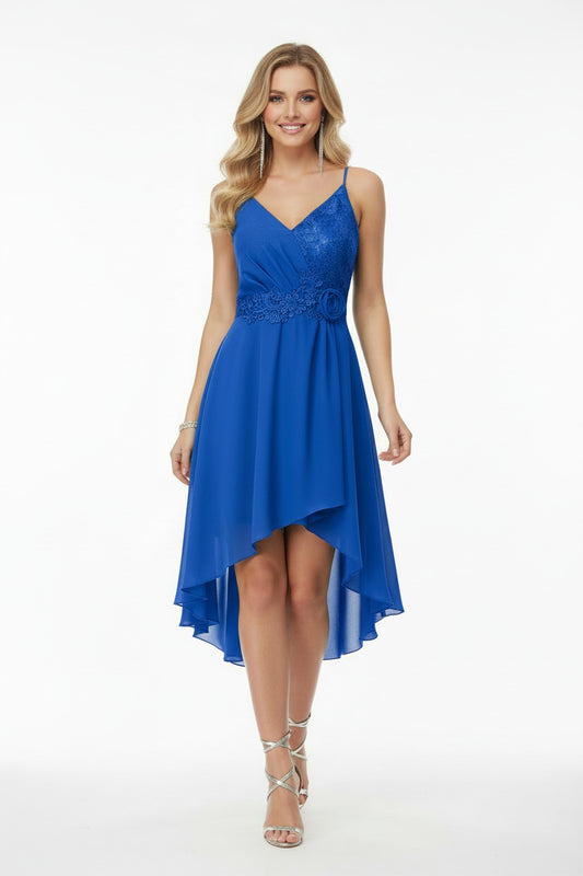 Vestido de Fiesta Corto Turín con Falda de Vuelo y cola azul