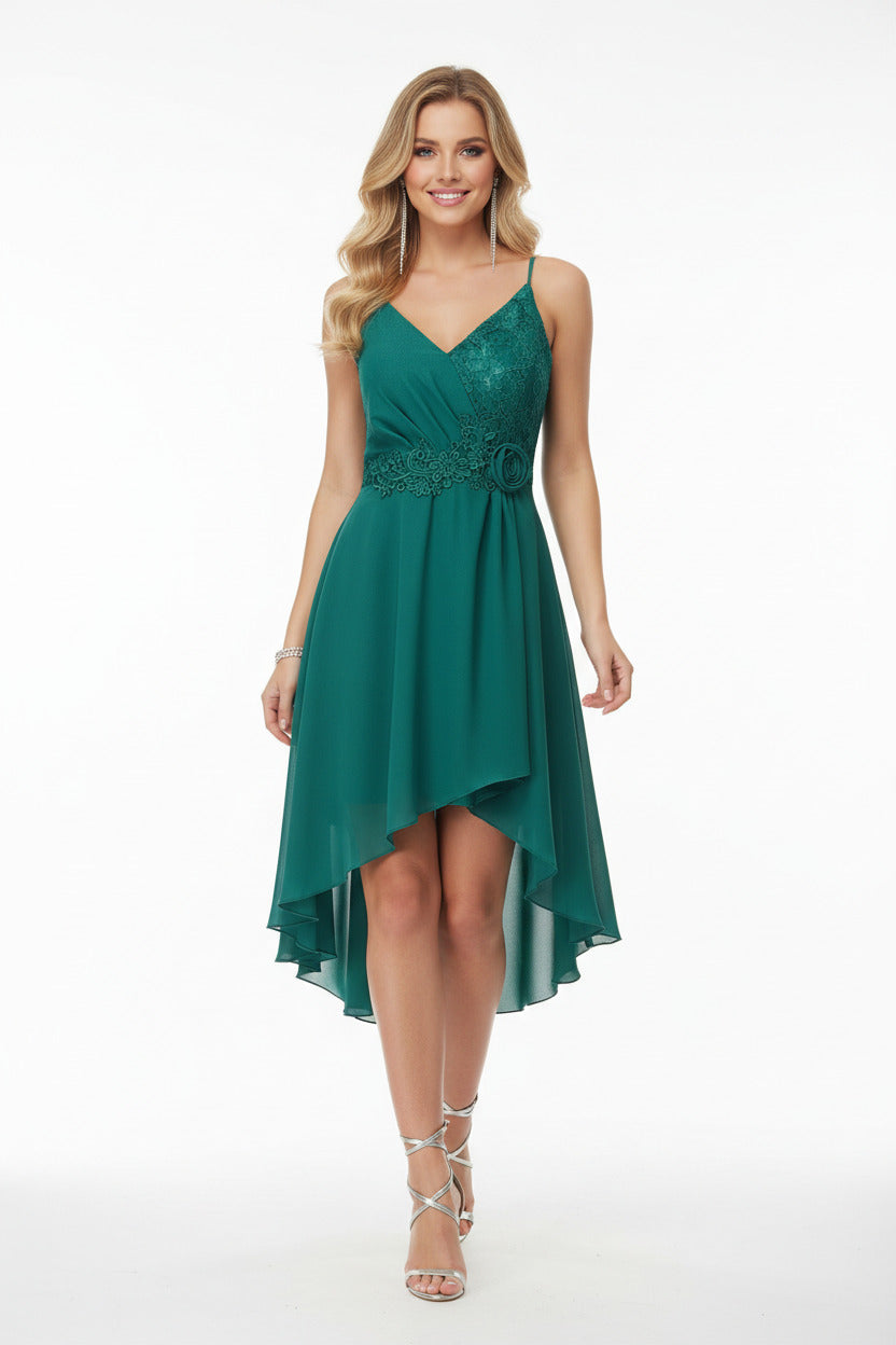 Vestido de Fiesta Corto Turín con Falda de Vuelo y cola verde