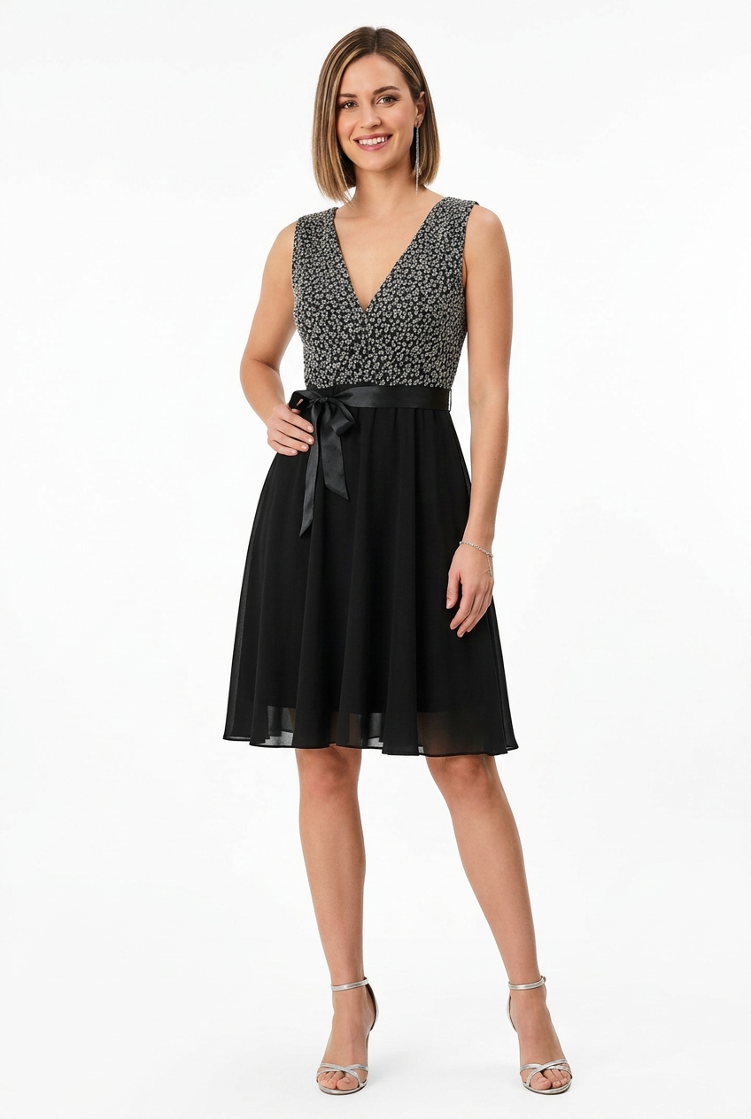 vestido de fiesta corto  con escote pico y falda vuelo