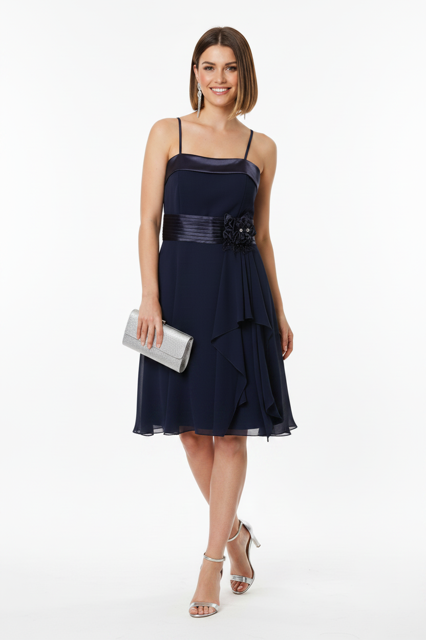 vestido de fiesta corto azul marino con escote palabra de honor y detalle de flor en la cintura