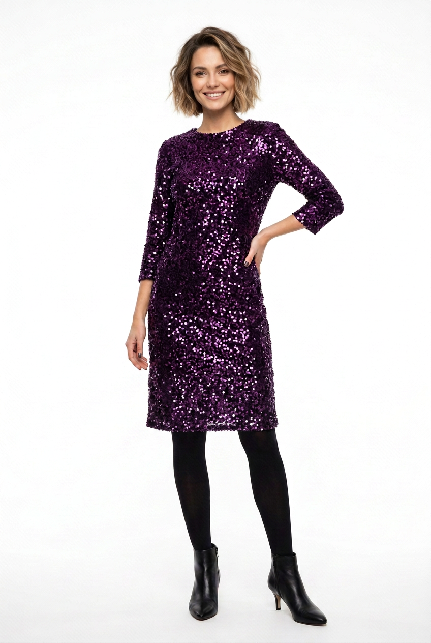 vestido de fiesta corto manga francesa de lentejuelas moradas