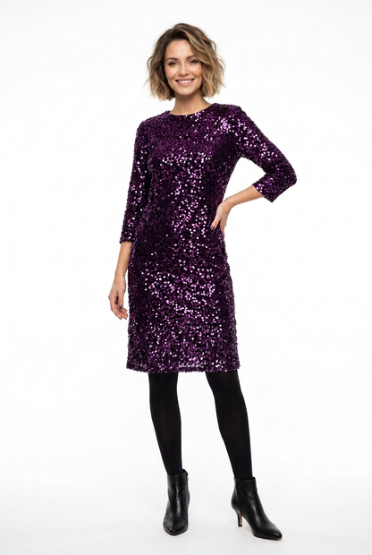 vestido de fiesta corto manga francesa de lentejuelas moradas