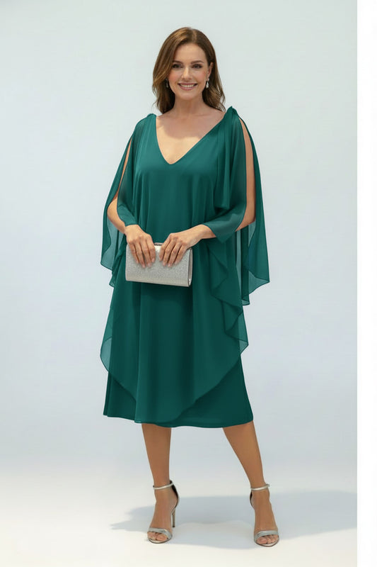 vestido para boda corto con capa de tul verde