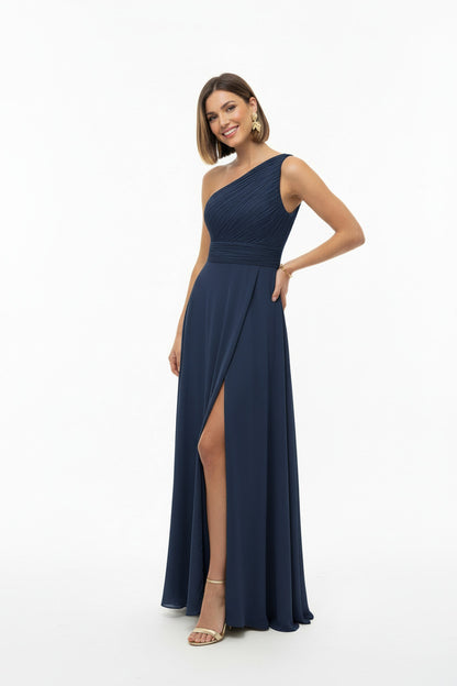 vestido de fiesta largo escote asimetrico marino