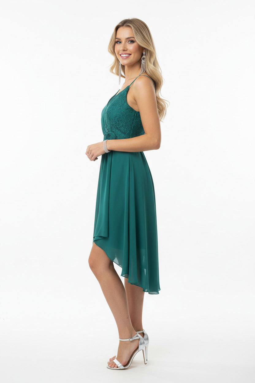 Vestido de Fiesta Corto Turín con Falda de Vuelo y cola verde vista lateral