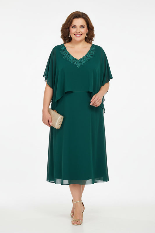 vestido para madrina corto talla grande verde con encaje en el escote