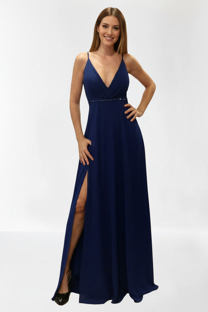 Vestido Largo de Fiesta Aviñón-Con Abertura en Falda y Pedrería Azul M L (38 40) 100% poliester