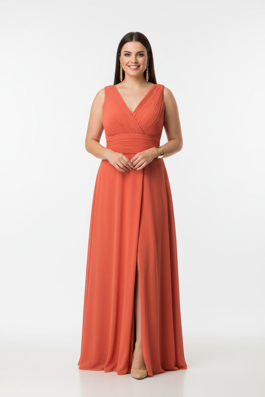 vestido de fiesta  largo talla grande con abertura en la falda teja