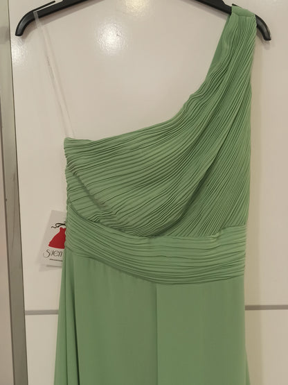 vestido de fiesta largo escote asimétrico verde agua tela