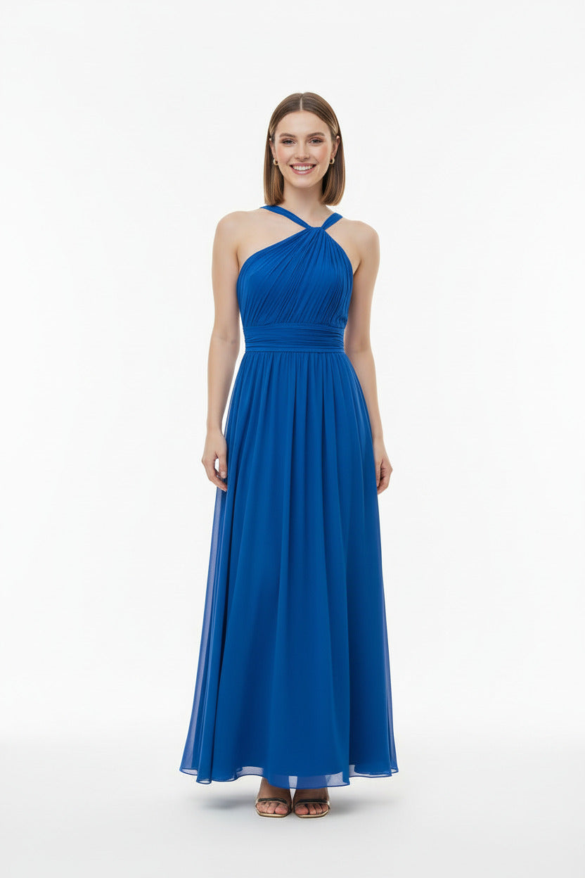 vestido de fiesta largo escote asimétrico azul