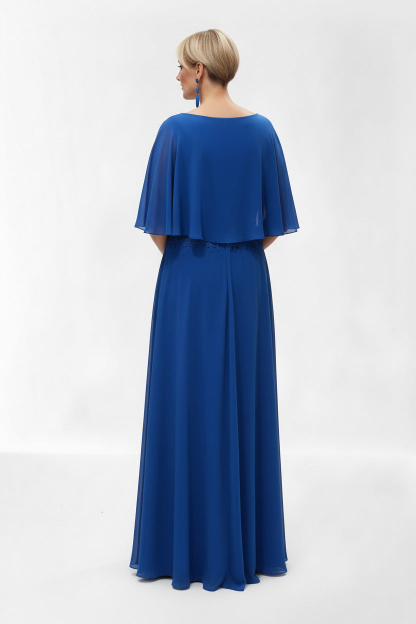 espalda Vestido de fiesta largo color azul para talla grande con encaje en el escote, elegante y favorecedor