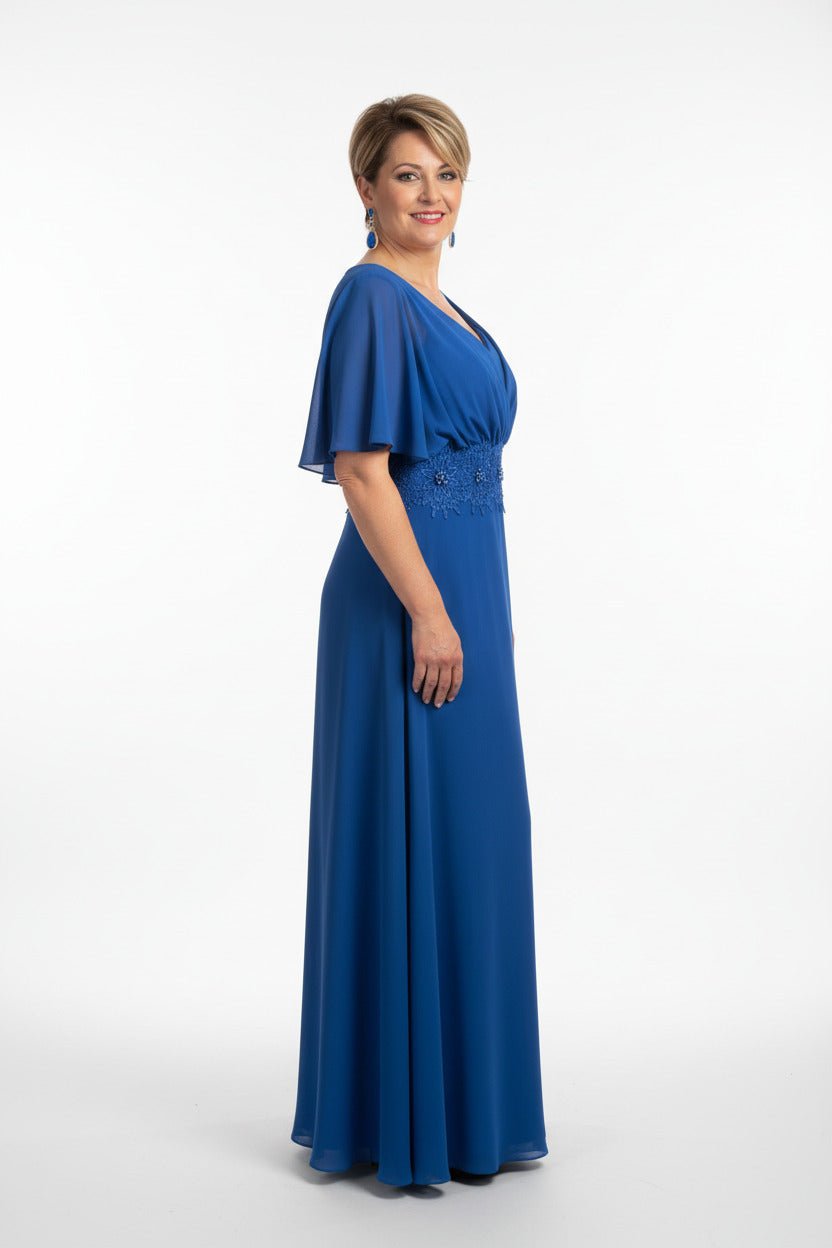 lateral vestido fiesta largo talla grande con encaje en la cintura azul