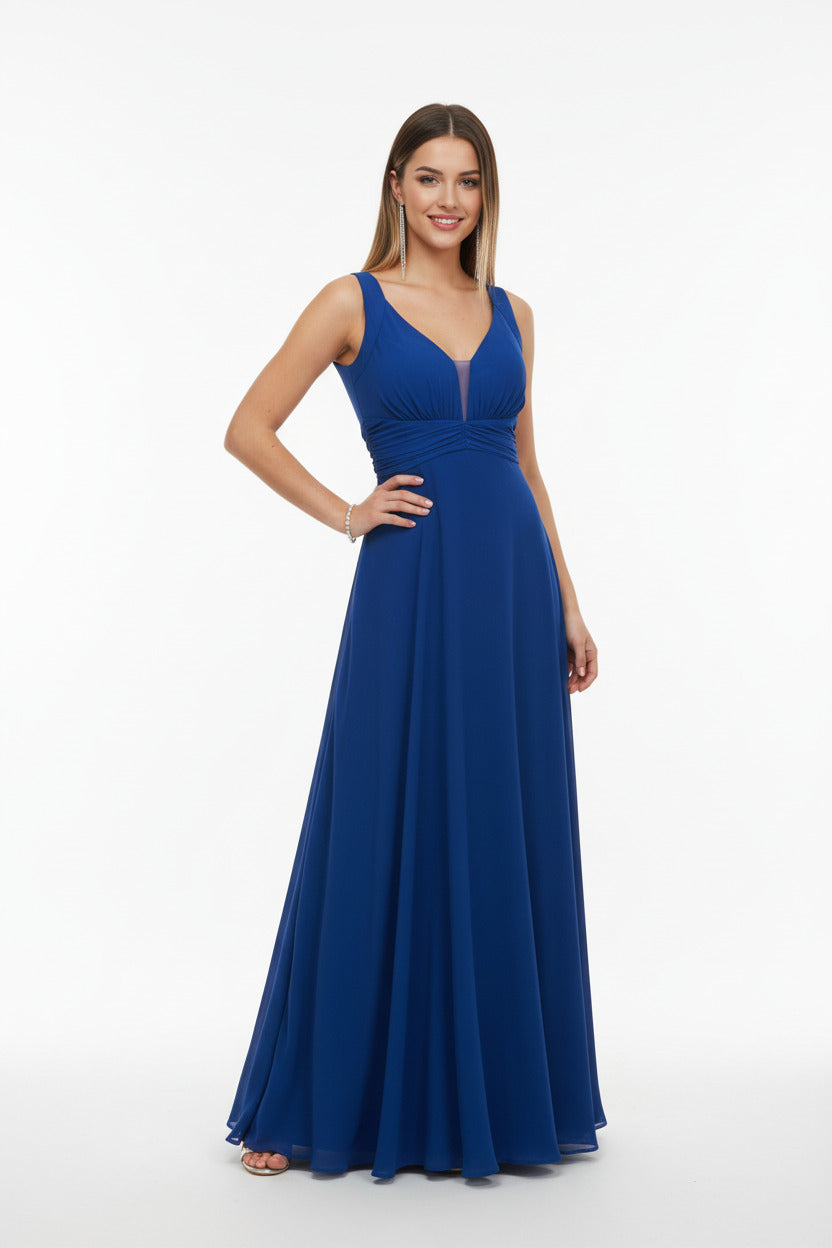 vestido de fiesta largo azul con espalda descubierta con encaje