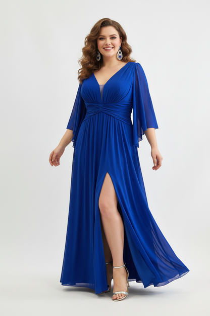  vestido de fiesta azul royal largo con hombreras y manga de vuelo