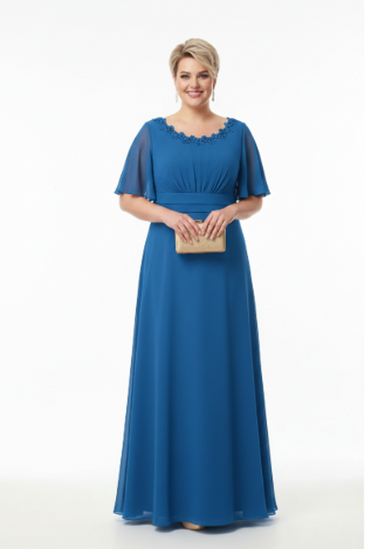 Vestido de fiesta largo color azul para talla grande con encaje en el escote, elegante y favorecedor