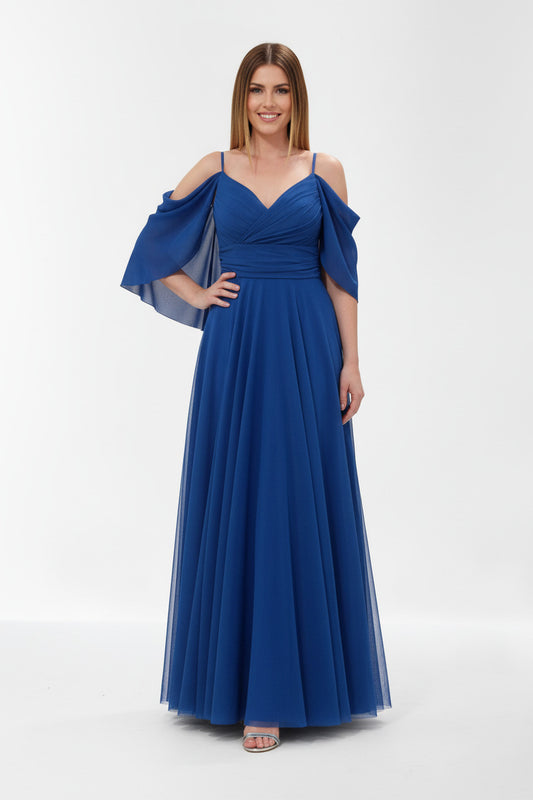 Vestido Largo de Fiesta Bran - Hombros Descubiertos con Escote Corazón Azul U (36 38 40 42) banda elástica oculta ne la espalda 100% poliester