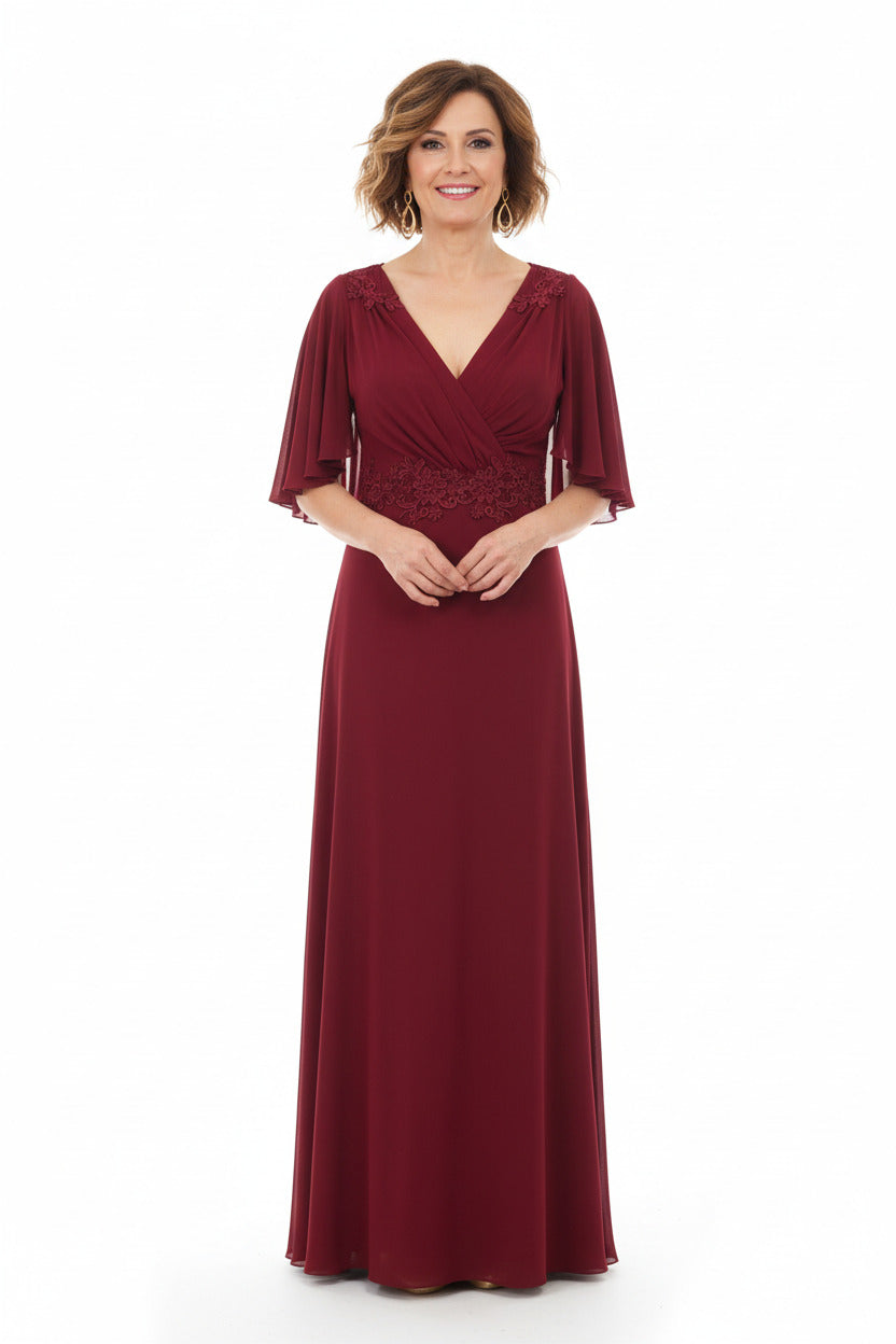 vestido para ceremonia largo burdeos con manga corto 