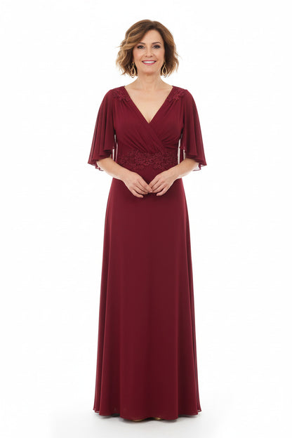 vestido para ceremonia largo burdeos con manga corto 