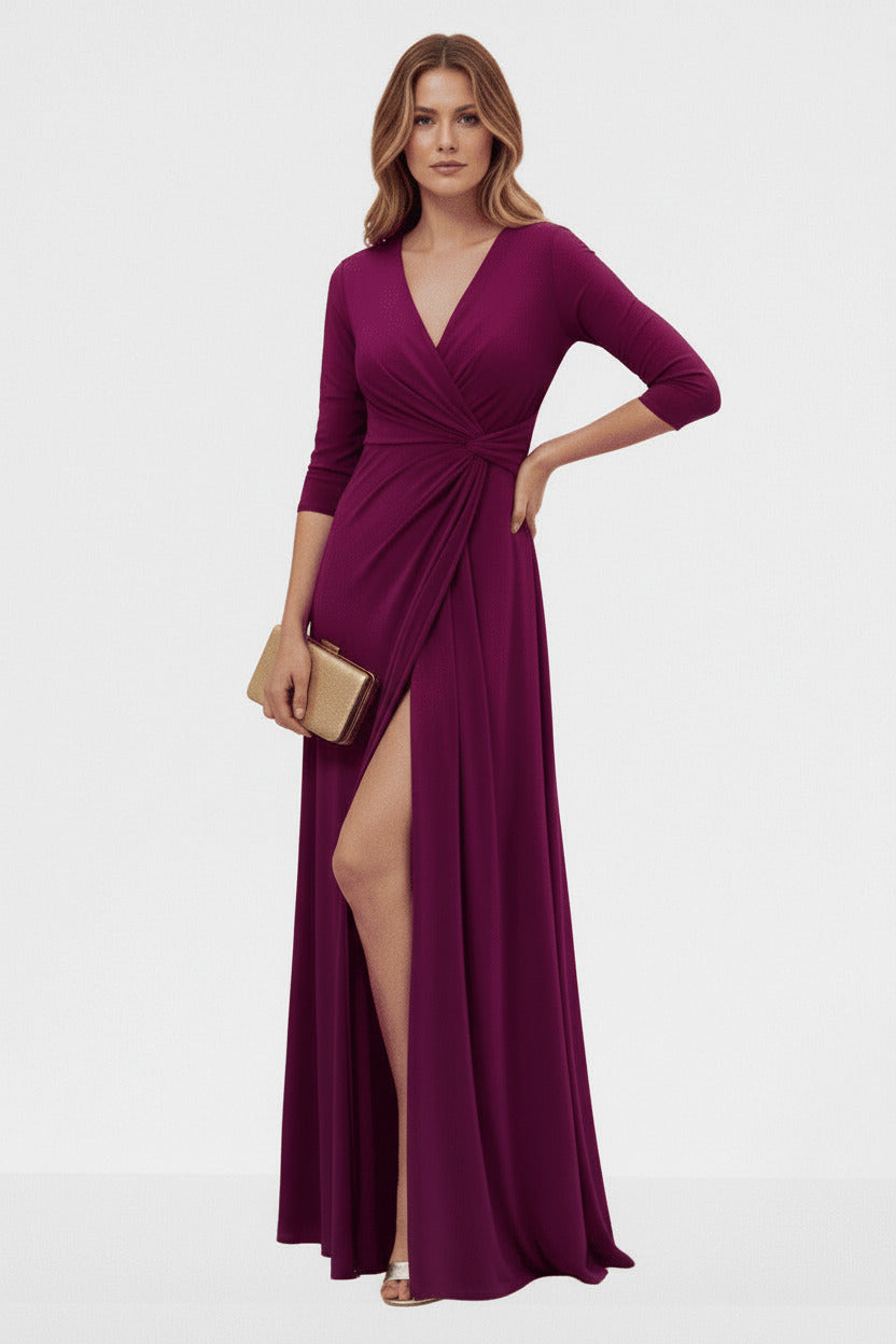 Vestido de Fiesta Largo Ruan - Manga Francesa y Abertura Magenta U (36 38) 95% poliéster 5%elastan