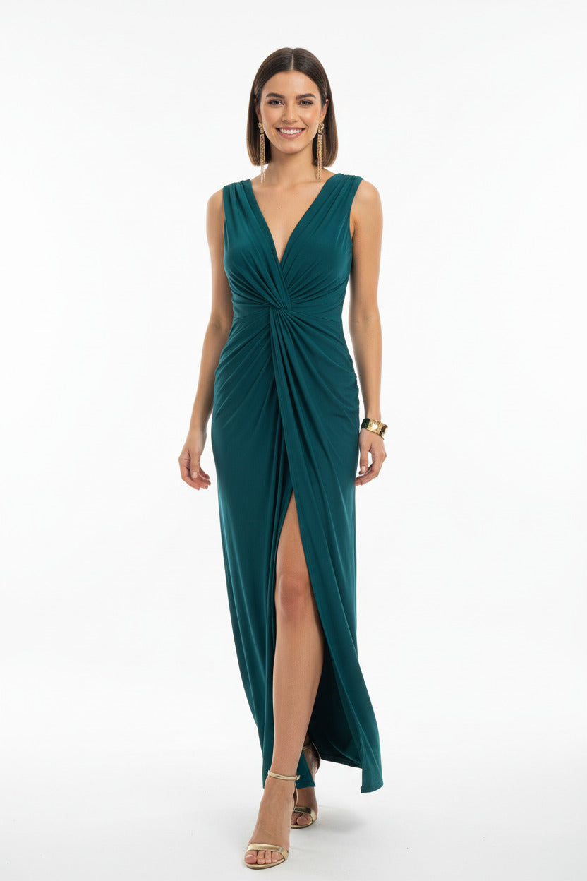 vestido de fiesta largo para invitada escote pico y abertura ne la falda color verde azulado