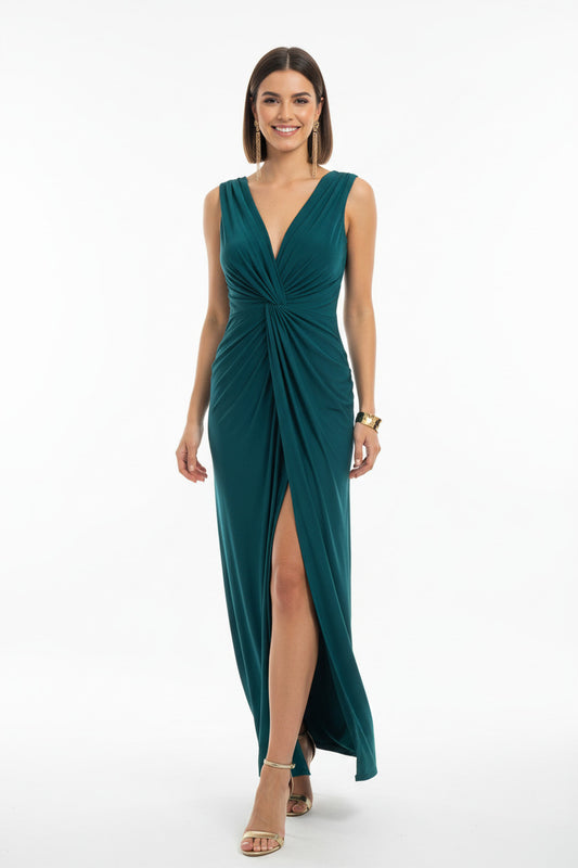 vestido de fiesta largo para invitada escote pico y abertura ne la falda color verde azulado