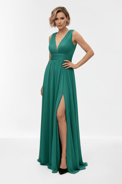 Vestido de Fiesta Largo Itaca - Tul con Brillos y Escote Pico Verde