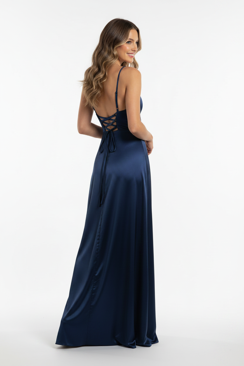 espalda vestido de fiesta largo azul marino espalda corsé