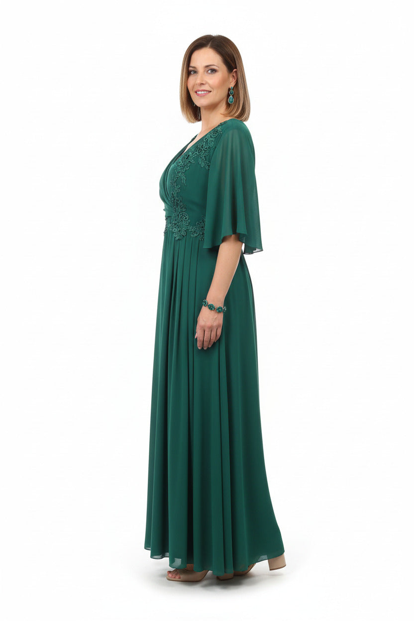 lateral vestido de fiesta largo talla grande elegante color verde