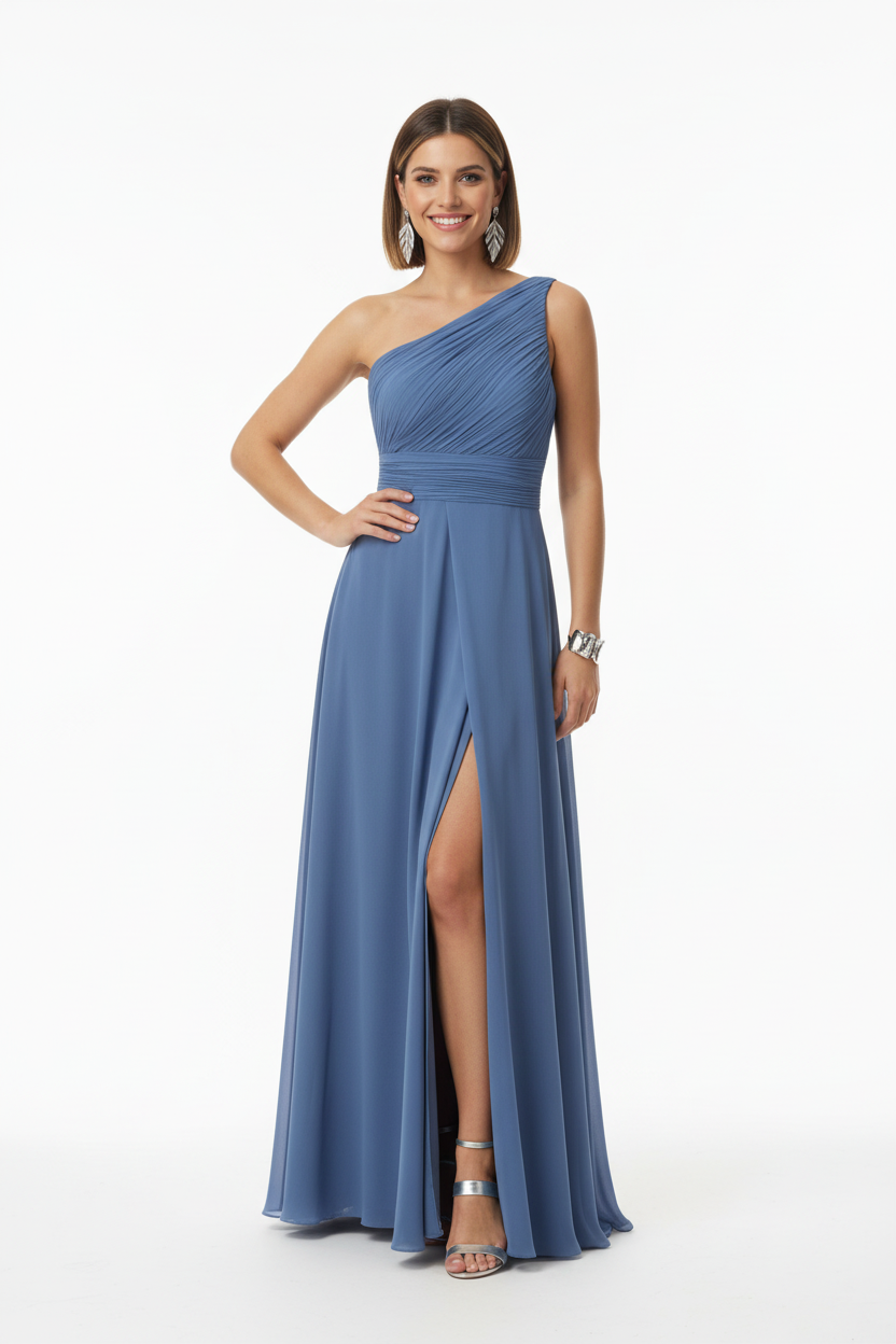 escote vestido de fiesta largo con escote asimétrico y abertura en la falda azul denim