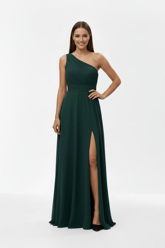 Vestido de Fiesta Largo Roma - Escote Asimétrico y Abertura en la Falda Verde oscuro