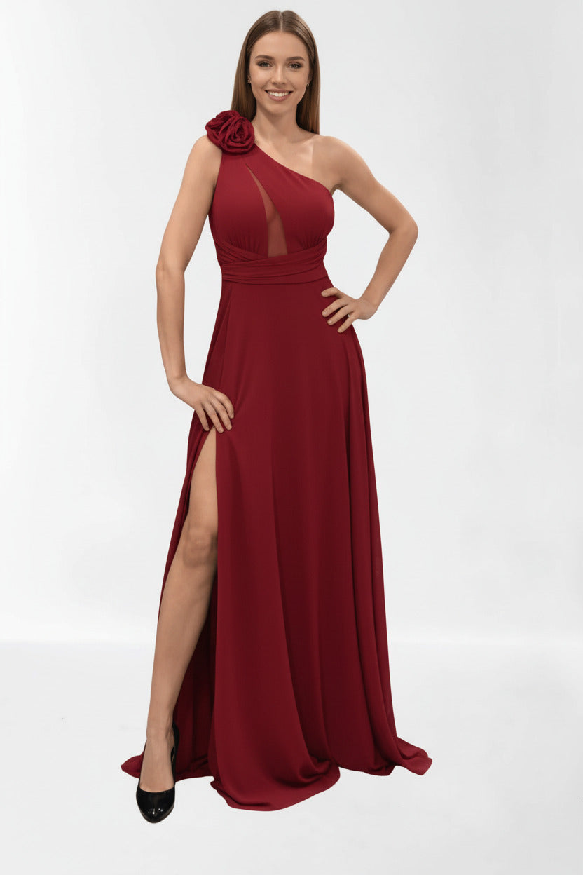 Vestido Largo de Fiesta Tianjin - Escote Asimétrico de Un Hombro con Detalle Floral Ciruela