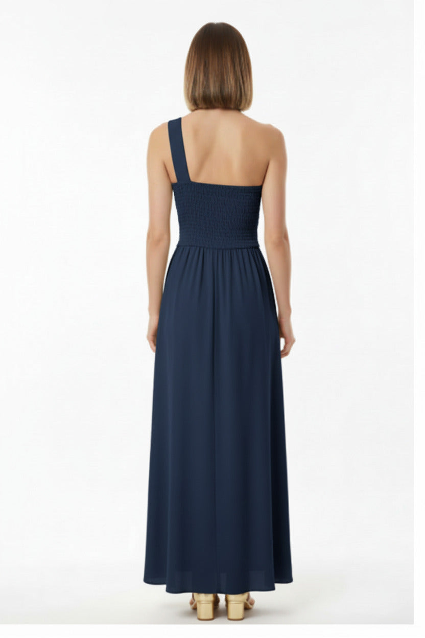 espalda vestido de fiesta largo escote asimetrico marino