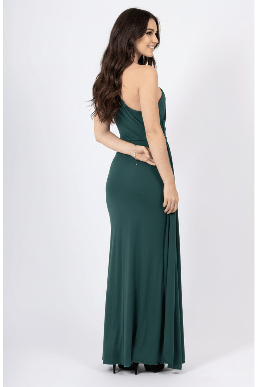 Vestido fiesta largo escote asimétrico Uster verde oscuro-Vista trasera